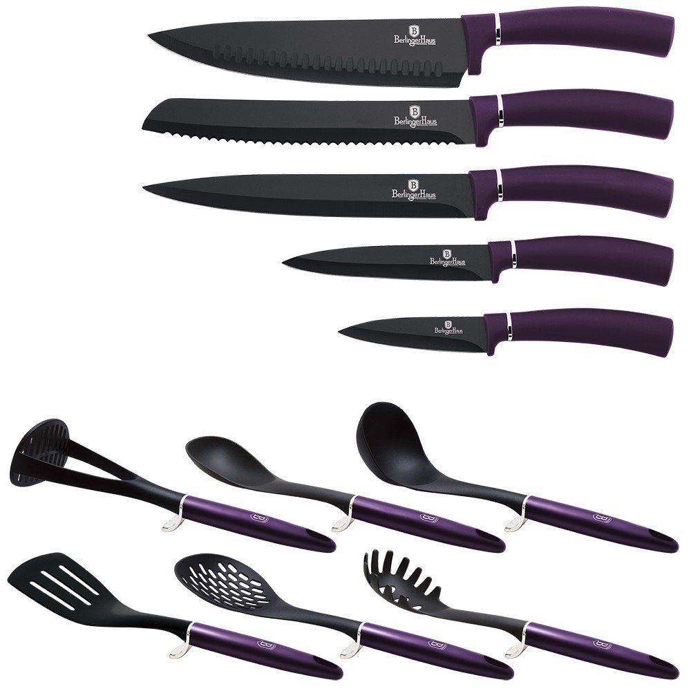 Sada nožov a kuchynského náčinia v stojane 12 ks Purple Metallic Line