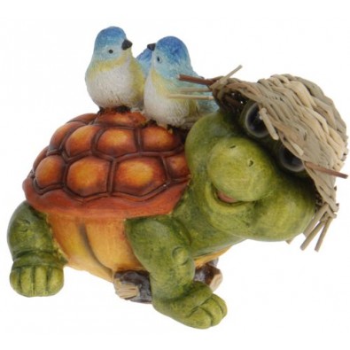 Záhradná dekorácia korytnačka s dvoma vtáčikmi na chrbte