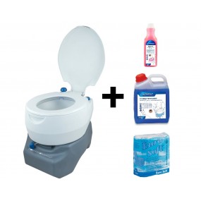 Chemická toaleta Portable 20 L Combo + 2x dezinfekčný prostriedok a 4x rola špeciálneho toaletného